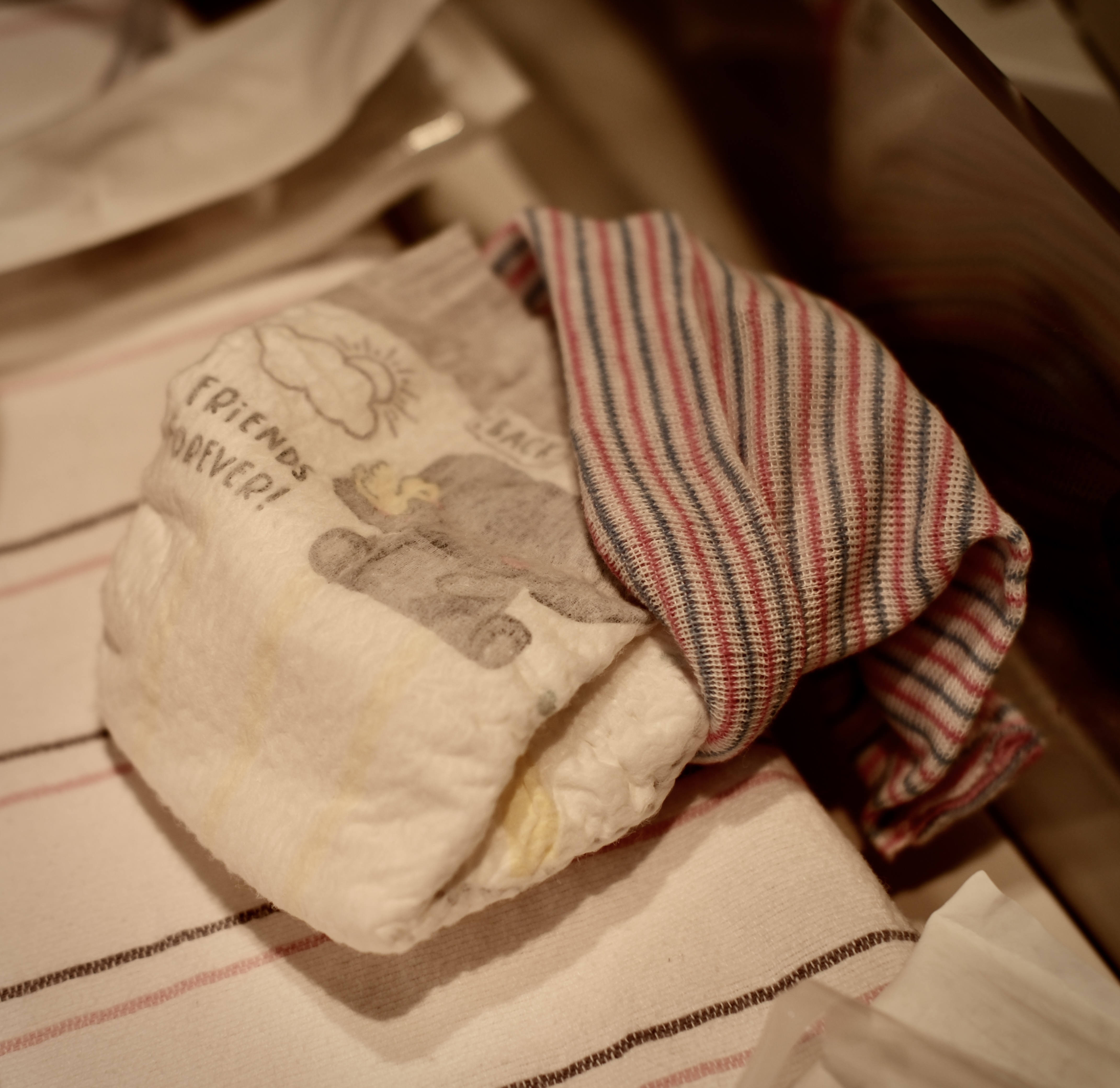 A diaper from Margaux's first days — it says Friends Forever